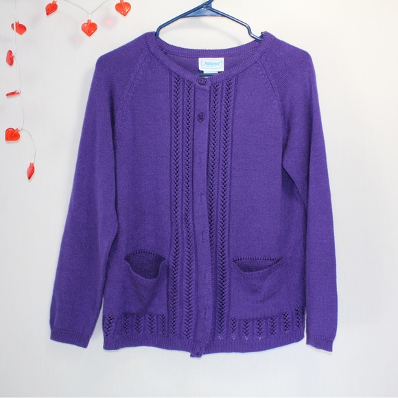Vintage 80s purple knit cardigan button up with pockets women’s size medium - Picture 1 of 6